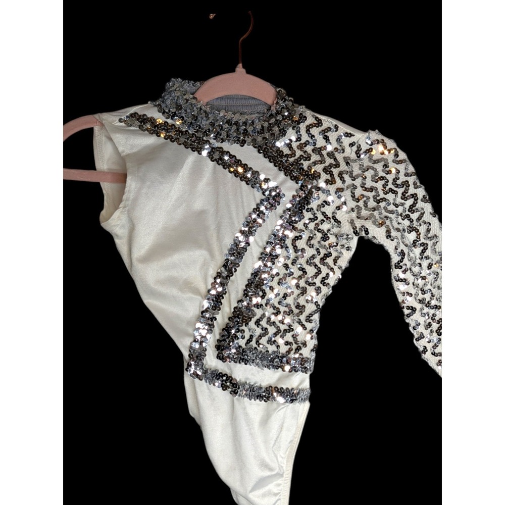Girls Sequined One Sleeve White Sequined Leotard Asymmetrical Dancewear‎ Chi M/L